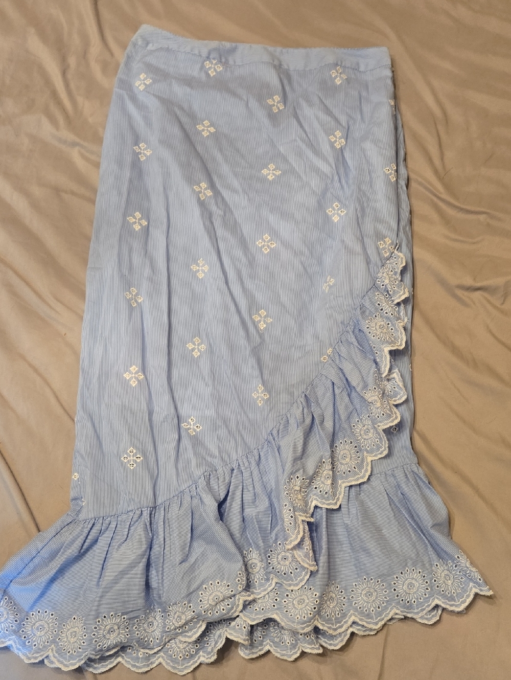Chelsea28 Light Blue Eyelet Asymmetrical Ruffle Midi Skirt